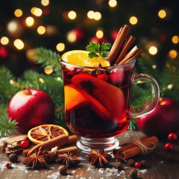 Christmas mulled wine with apple, cranberry, orange, spices and chocolate on a wooden table.