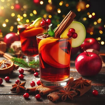 Christmas mulled wine with apple, cranberry, orange, spices and chocolate on a wooden table.