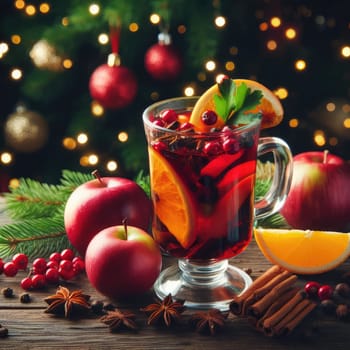 Christmas mulled wine with apple, cranberry, orange, spices and chocolate on a wooden table.