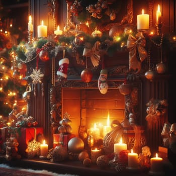 traditional Christmas decorated living room with holiday garlands and dinnerware. Interior of traditional and authentic season cozy setting celebrating religious event.