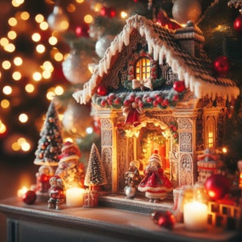 traditional Christmas decorated living room with holiday garlands and dinnerware. Interior of traditional and authentic season cozy setting celebrating religious event.