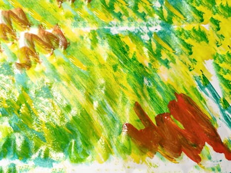Background made of abstract painting with watercolor paints with water stains, waves and lines in yellow, green, red and black colors. Texture, pattern, frame, copy space and place for text