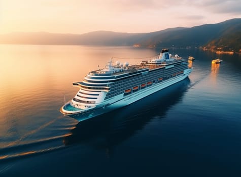 Luxury cruise ship sailing to port on sunrise . High quality photo