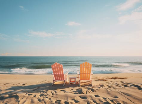 Waiting for tourists. Empty sun loungers stand under a canopy on the beach. High quality photo