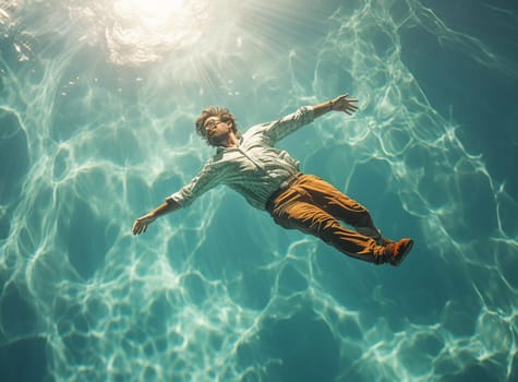 Young man swimming in the blue water. High quality photo