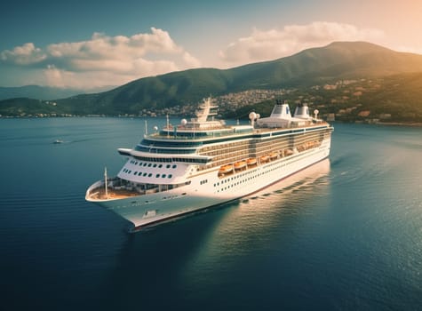 Cruise ship in a sea against a dramatic sunset sky. High quality photo