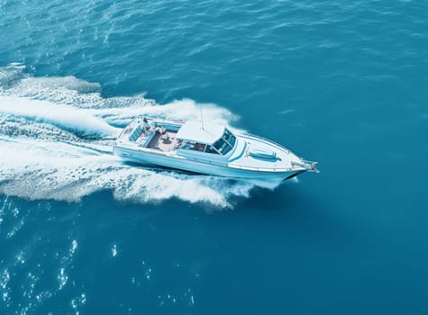 Aerial drone photo of small luxury yacht cruising in deep blue sea near Aegean island, Greece. High quality photo