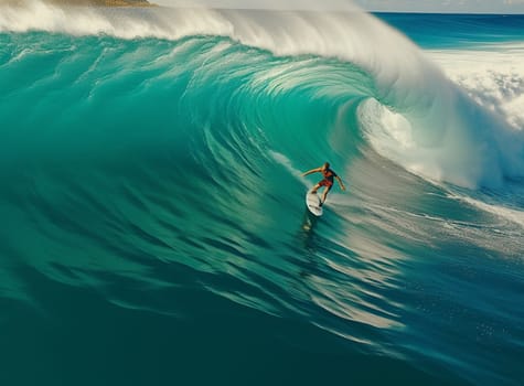 Surfer on the crest of a wave. Layers of turquoise and blue paints. Artistic work. High quality photo