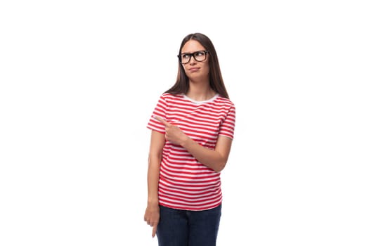 young well-groomed european promoter woman with straight black hair in glasses tells the news on a white background with copy space.