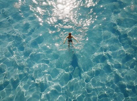 Young man swimming in the blue water. High quality photo