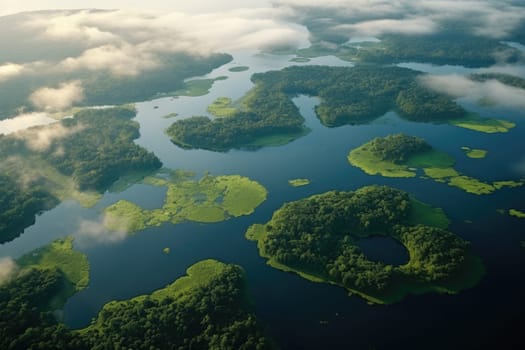 Aerial view of dark green forest with misty clouds. The rich natural ecosystem of rainforest concept of natural forest conservation and reforestation. AI Generated