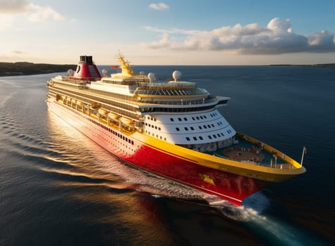 Cruise ship in a sea against a dramatic sunset sky. High quality photo