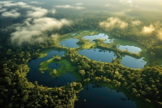 Aerial view of dark green forest with misty clouds. The rich natural ecosystem of rainforest concept of natural forest conservation and reforestation. AI Generated