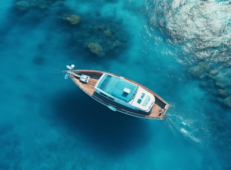 Aerial view boat parking on turquoise water. High quality photo