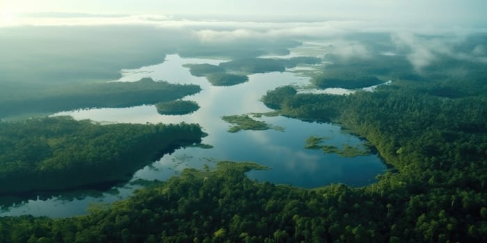 Aerial view of dark green forest with misty clouds. The rich natural ecosystem of rainforest concept of natural forest conservation and reforestation. AI Generated