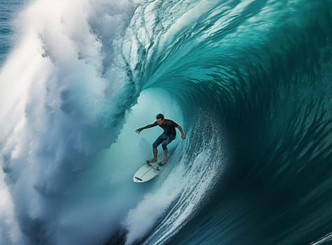 Surfer on the crest of a wave. Layers of turquoise and blue paints. Artistic work. High quality photo