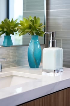 Soap dispenser in modern bathroom window interior. AI Generated