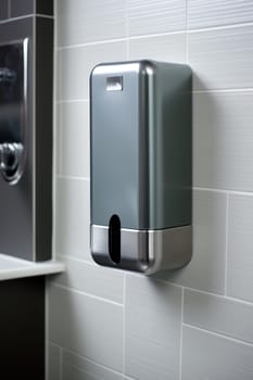 Soap dispenser in modern bathroom window interior. AI Generated