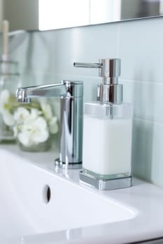 Soap dispenser in modern bathroom window interior. AI Generated