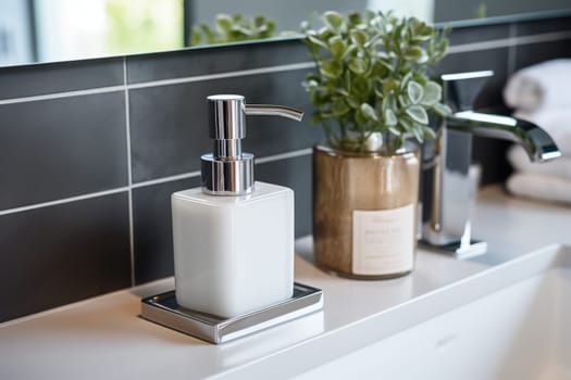 Soap dispenser in modern bathroom window interior. AI Generated