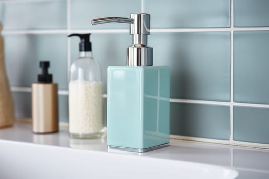 Soap dispenser in modern bathroom window interior. AI Generated