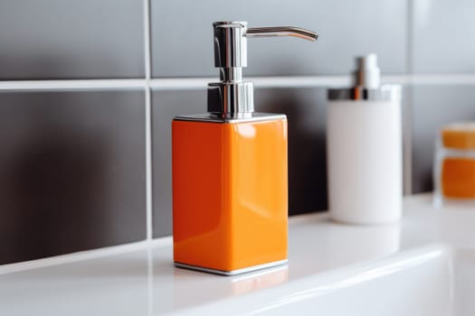 Soap dispenser in modern bathroom window interior. AI Generated