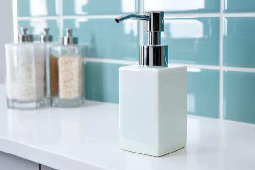 Soap dispenser in modern bathroom window interior. AI Generated