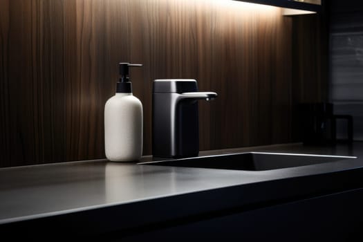 Soap dispenser in dark bathroom interior. AI Generated