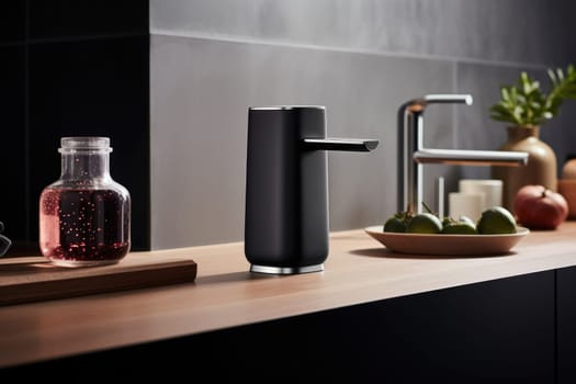 Soap dispenser in dark bathroom interior. AI Generated