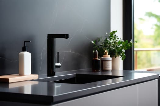 Soap dispenser in dark bathroom interior. AI Generated