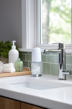 Soap dispenser in modern kitchen interior. AI Generated