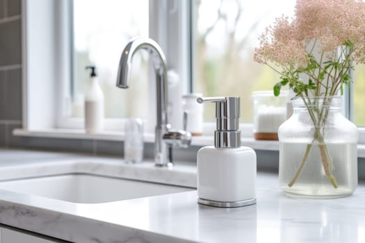 Soap dispenser in modern kitchen interior. AI Generated