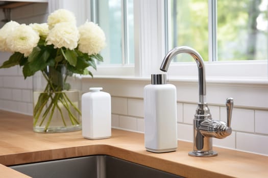 Soap dispenser in modern kitchen interior. AI Generated