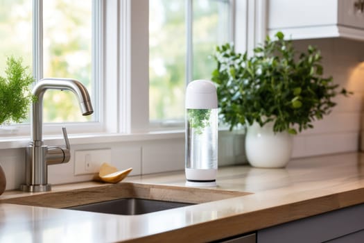 Soap dispenser in modern kitchen interior. AI Generated
