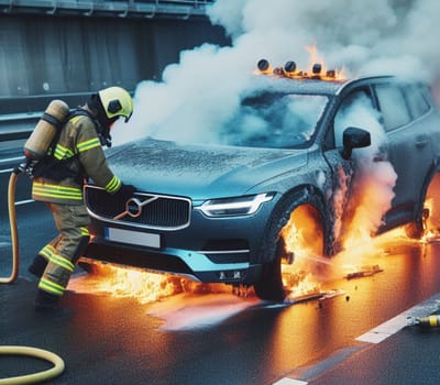 electric hybrid car suv burn bottom chasis, firefighter apply foam to extinguish flames big smoke ai generated