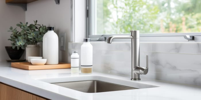 Soap dispenser in modern kitchen interior. AI Generated