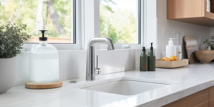 Soap dispenser in modern kitchen interior. AI Generated