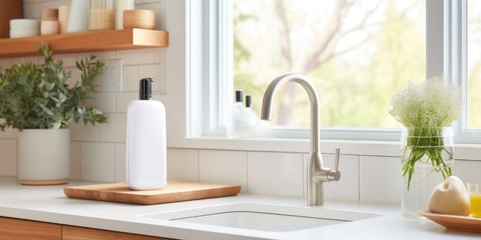 Soap dispenser in modern kitchen interior. AI Generated