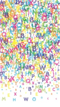 Falling letters of English language. Bright handdrawn flying words of Latin alphabet. Foreign languages study concept. Stylish back to school banner on white background.