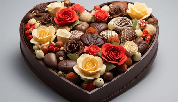 Red heart-shaped box for Valentine's Day, with delicious chocolate and flowers. with dark background to give as a gift. Romantic candies copy space Happy Valentine Space for text
