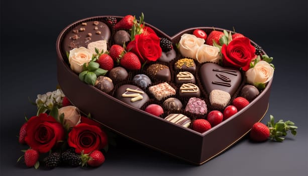 Red heart-shaped box for Valentine's Day, with delicious chocolate and flowers. with dark background to give as a gift. Romantic candies copy space Happy Valentine Space for text