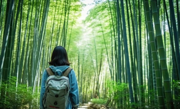 Eco travel and responsible tourism. Asian woman walking at Bamboo Forest, rear view. AI Generated