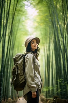 Eco travel and responsible tourism. Asian woman walking at Bamboo Forest. AI Generated