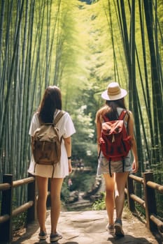 Eco travel and responsible tourism. group of Asian women walking at Bamboo Forest. AI Generated