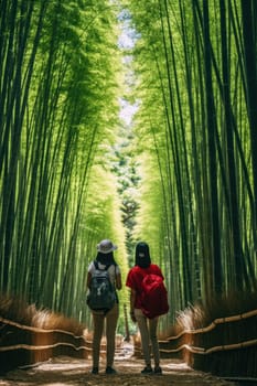 Eco travel and responsible tourism. group of Asian women walking at Bamboo Forest. AI Generated
