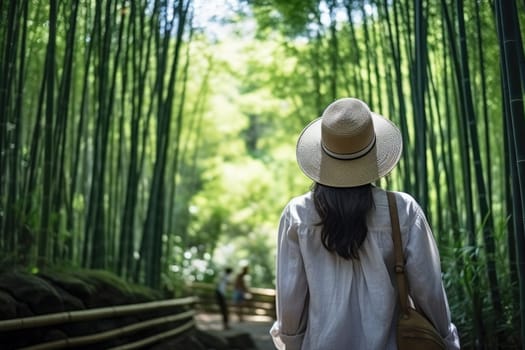 Eco travel and responsible tourism. Asian woman walking at Bamboo Forest, rear view. AI Generated