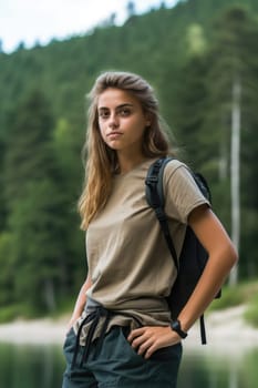 Eco travel and responsible tourism. young attractive woman hiker with backpack near mountain lake. AI Generated