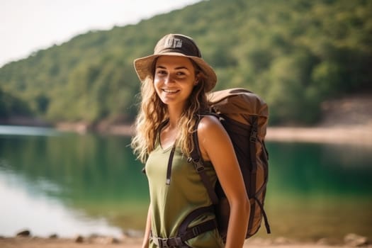 Eco travel and responsible tourism. young attractive woman hiker with backpack near mountain lake. AI Generated