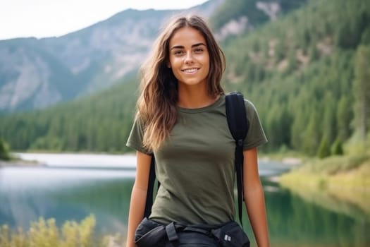 Eco travel and responsible tourism. young attractive woman hiker with backpack near mountain lake. AI Generated