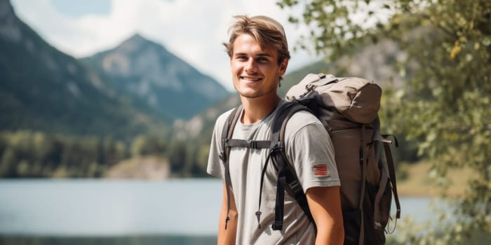 Eco travel and responsible tourism. young attractive woman hiker with backpack near mountain lake. AI Generated